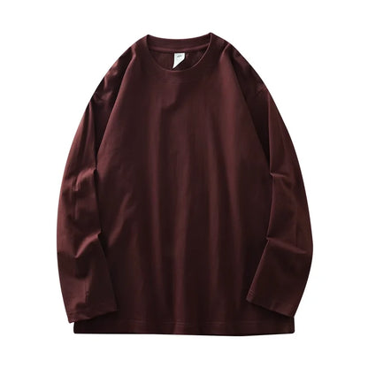 Men's 260G Long Sleeve T Shirts 2025 Spring Pure Cotton Solid Color Basic Crew-Neck Undershirt Men's Loose Tops 11 Color