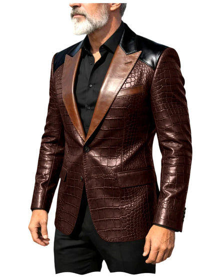 Men's Crocodile Embossed Leather Blazer Luxury Patchwork PU Leather Suit Jacket Slim Fit Peaked Lapel Casual Business Outerwear