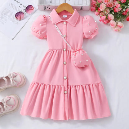【Free Bag】 Toddler Girl Dress Summer Pearl Casual Cute Children Princess Dresses Birthday Party Kids Girls Dress 3 4 5 6 7 Yrs