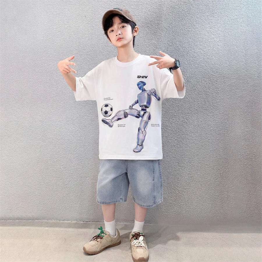 Tween Boys Summer Sets Clothing Child Tshirt Denim Shorts Two Pieces Sports Suit For Kids Teenagers 5 6 7 8 9 10 11 12 13 14 Yrs