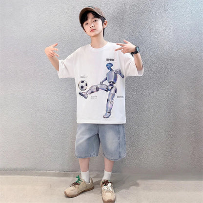 Tween Boys Summer Sets Clothing Child Tshirt Denim Shorts Two Pieces Sports Suit For Kids Teenagers 5 6 7 8 9 10 11 12 13 14 Yrs