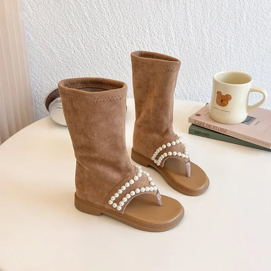 2025 Children High-top Sandals for Girls Summer New Fashion Korean Style Soft Sole Non-slip Versatile Pearl Roman Princess Shoes