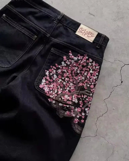 Y2K Vintage Low Waist Hip Hop Cherry Blossom Embroidered Jeans  Wide Leg Trousers Clothes Mens Embroidered Baggy Jeans Womes