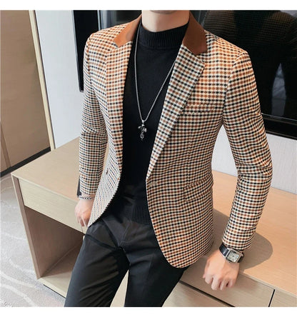 2024 Autumn Winter Korean  Houndstooth Blazer Jackets Fashion Color Matching Lapel Design Casual Men's Plaid Suit Coat Tuxedo