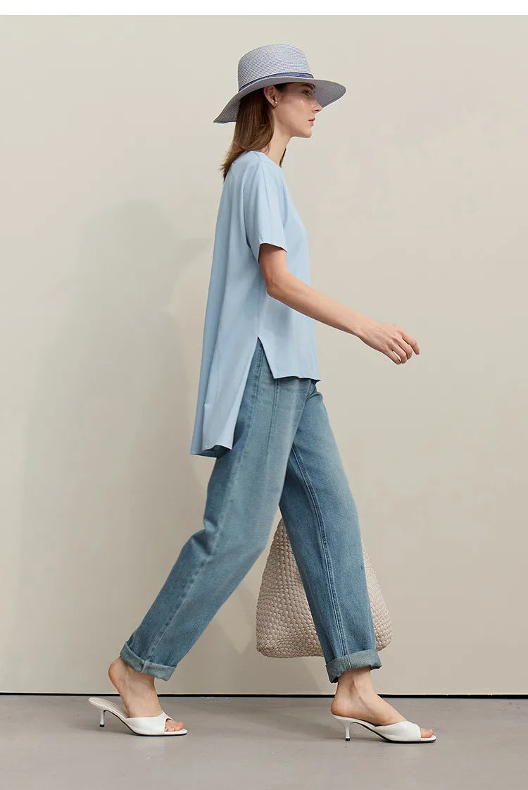 T-shirt Women 2026 Summer New O-Neck Side Slit Cotton Tee Embroidered Letter Lace Accent Women's Short Sleeve Tee 12652029