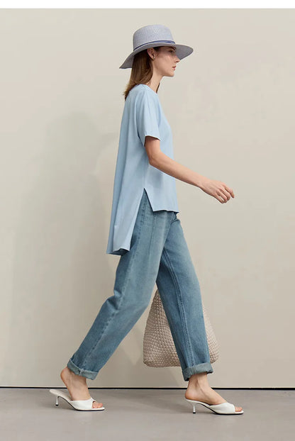 T-shirt Women 2026 Summer New O-Neck Side Slit Cotton Tee Embroidered Letter Lace Accent Women's Short Sleeve Tee 12652029