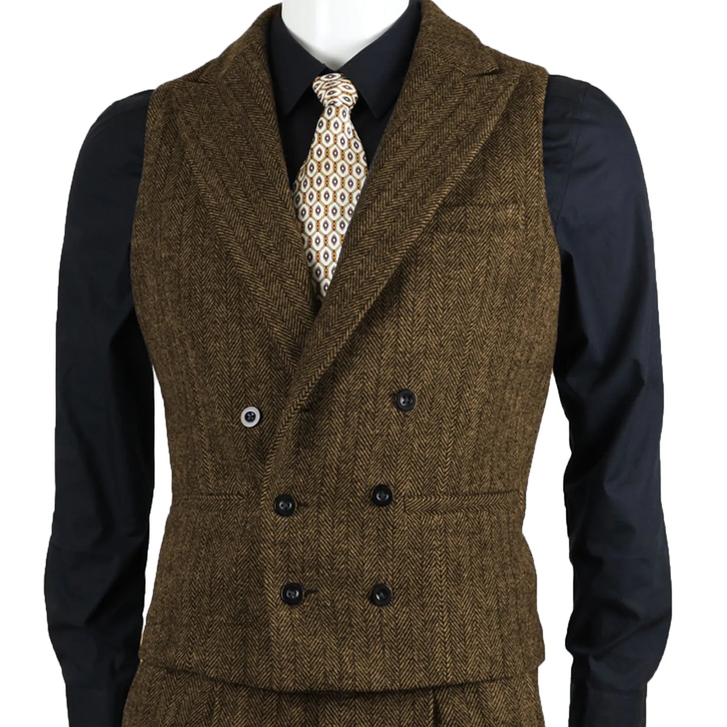 Men Suit Vest Brown Herringbone Tweed Slim Fit Waistcoat Double Breasted Sleeveless Jacket For Wedding Party Prom Suit Vests