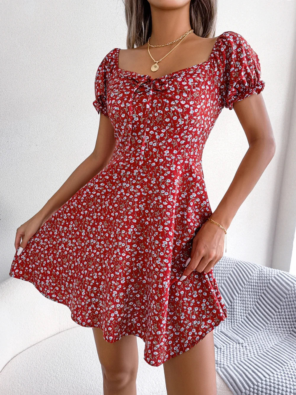 Women Casual Square Neck Flare Short Sleeve Floral Dress Elegant A Line Dress for Spring Summer 2026 Fashion Woman Clothing