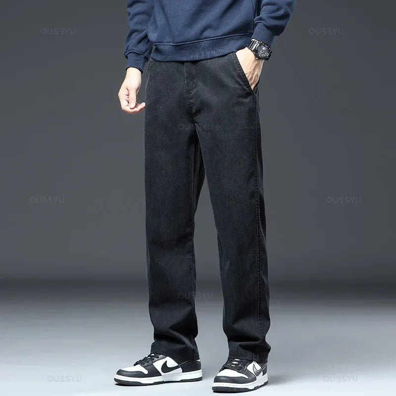 2025 New High Quality Soft Lyocell Fabric Jeans Men Elastic Waist Loose Straight Four Seasons Denim Trousers Male Plus Size 5XL