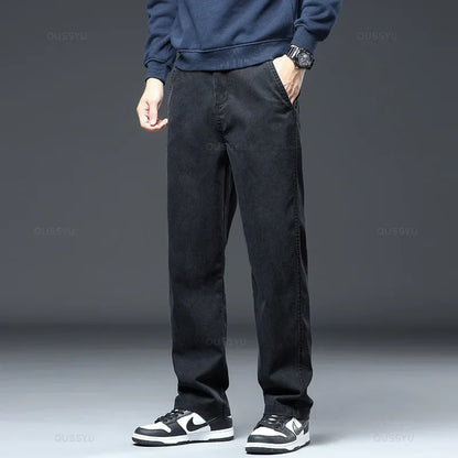 2025 New High Quality Soft Lyocell Fabric Jeans Men Elastic Waist Loose Straight Four Seasons Denim Trousers Male Plus Size 5XL