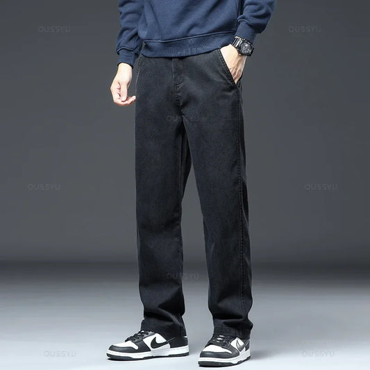 2025 New High Quality Soft Lyocell Fabric Jeans Men Elastic Waist Loose Straight Four Seasons Denim Trousers Male Plus Size 5XL