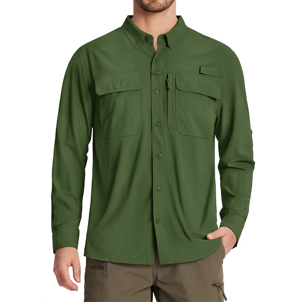 UPF 50+ Sun Protection Fishing Shirts Men's Quick Dry Long Sleeve Shirts Mesh Breathable Hiking Work Cargo Shirts