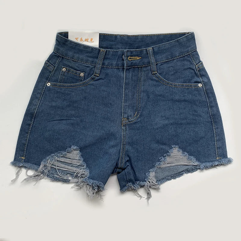 Summer Korean Women's Cowboy Shorts High Waist Casual Blue Denim Shorts Pocket Tassel Perforated Fashion Shorts Y2K Female Jeans
