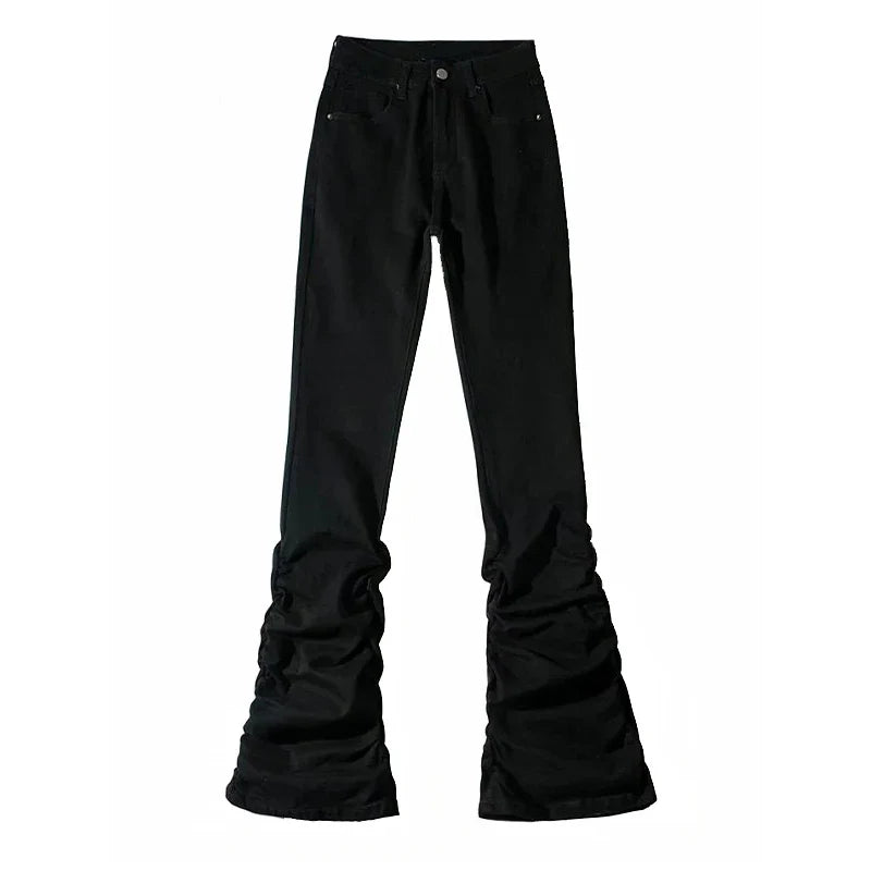 Goth Lolita Black Pants Casual Flare Stacked Jeans Women Stretchy High Waist Trousers 2000s Y2K Grunge Emo Streetwear