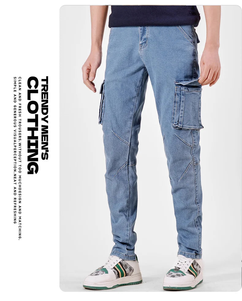 Men's Street Style Elastic Waist Denim Cargo Pants Solid Color Washed Slim Fit Casual Jeans with Multiple Pockets for Daily Wear