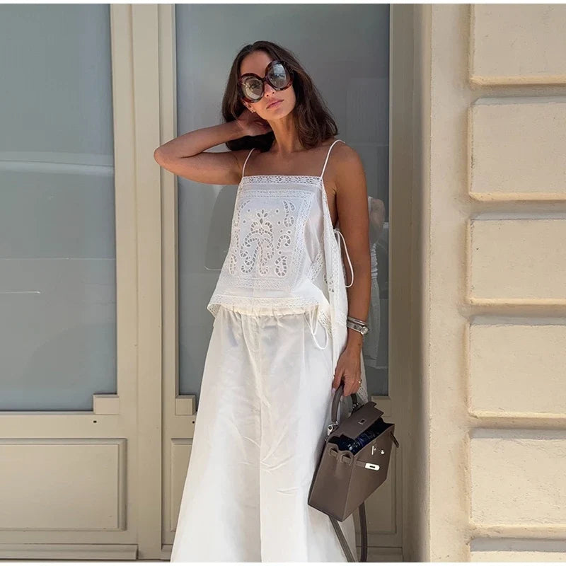 Thin Strap Square Neck Hollow Embroidery Women Cami Top Back Self Tie String Irregular Asymmetrical Lace Hem Loose Cropped Tank