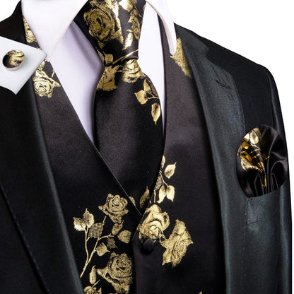 Formal Rose Pattern Paisley Plain Solid Mens Vest Party Wedding Waistcoat Pocket Square Tie  Hankie Suit Set