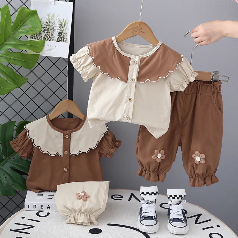 New Toddler Summer Baby Girls Clothes Suits Children Big Wave Lapel Shirt +Flower Cropped Pants 2Pcs/Set Infant Fashion Clothing