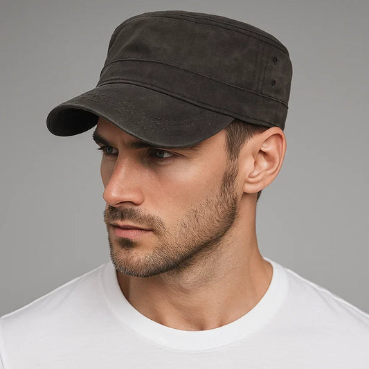 Waxed Canvas Cotton Military Caps Men Waterproof Cadet Army Cap Unique Design Vintage Flat Top Hat