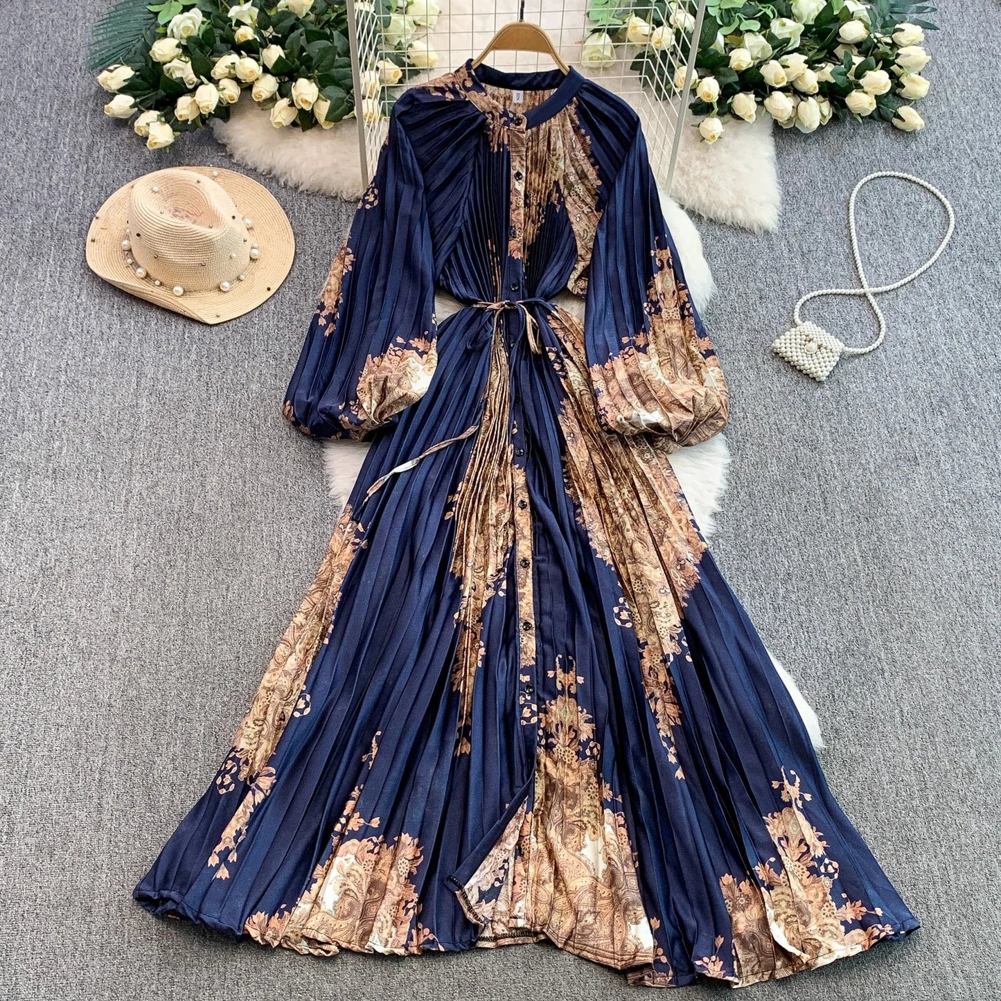 Ele Printed round Ne Lantern Sve Dr Women's Single Button Waist Cinch Maxi Skirt Long Dr Commute Sle Autumn