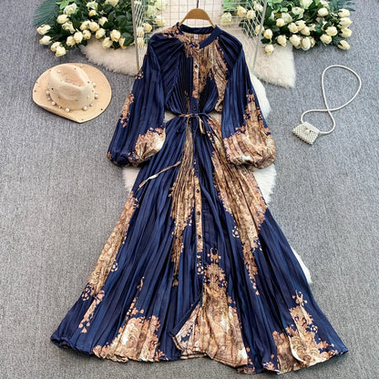 Ele Printed round Ne Lantern Sve Dr Women's Single Button Waist Cinch Maxi Skirt Long Dr Commute Sle Autumn