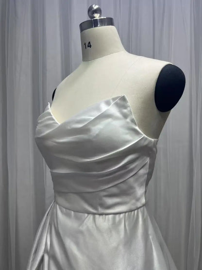 Customized Plus Size A Line Satin Strapless Wedding Dress V Neck Pleats High Side Slit Floor Length Bride Gowns Bridal Dres