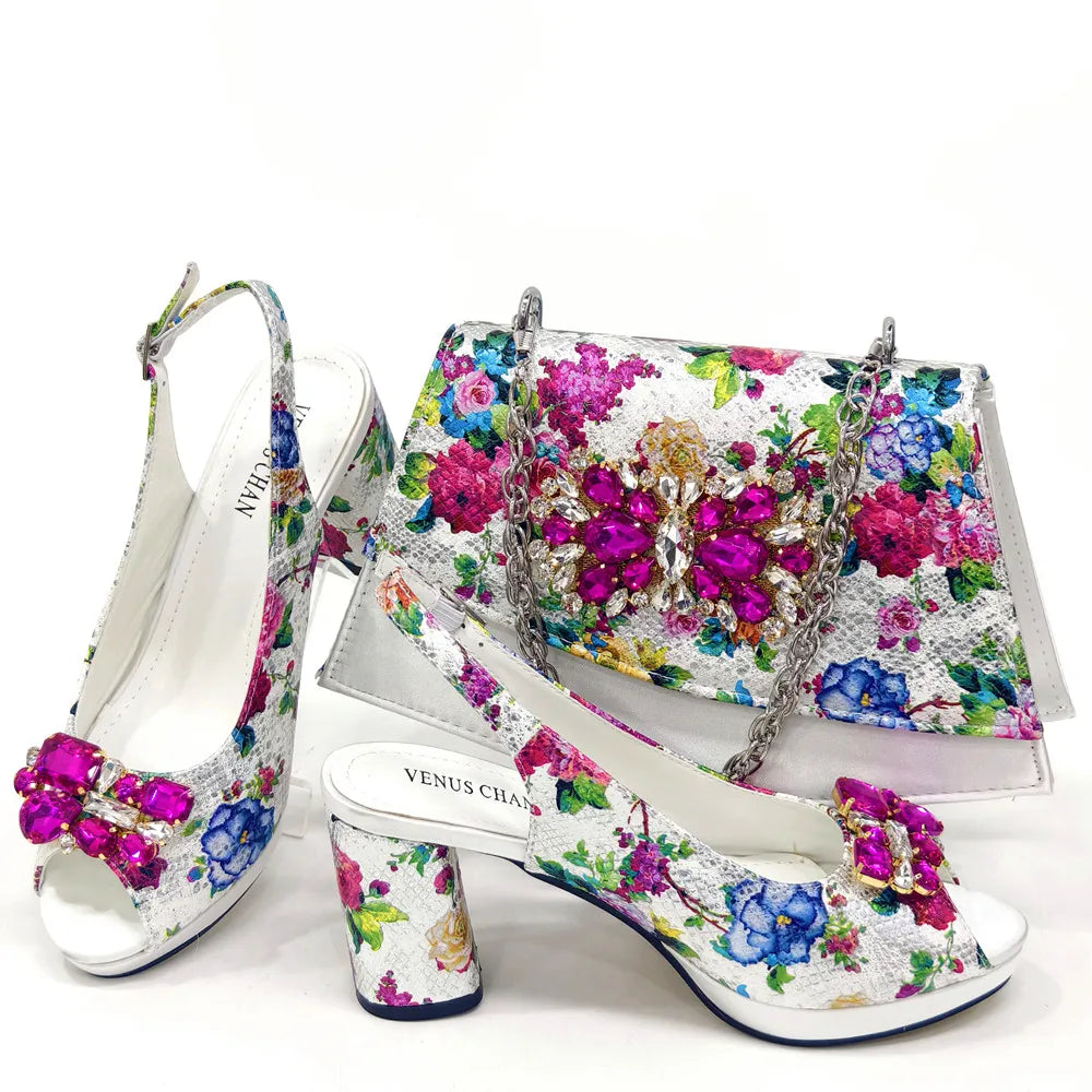 Italian Sandals and Bags Matching Set 2024 Women Heel Party for Gold Colour Wedding Bigger Size Thick Heel Shoes