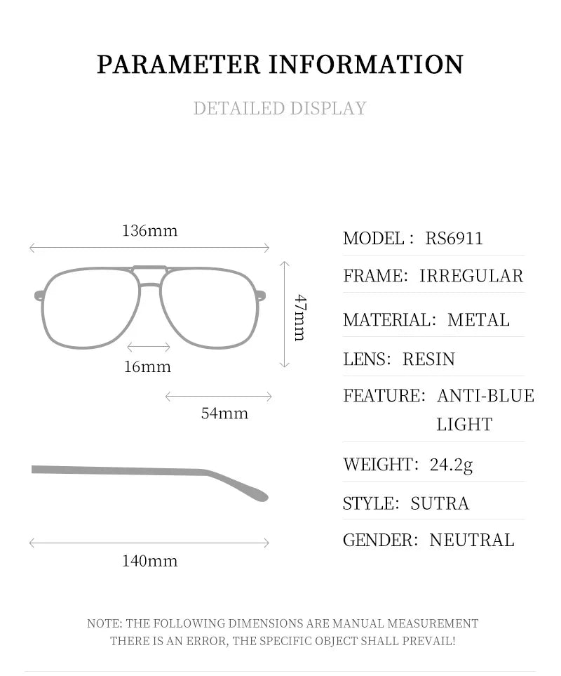 Fashion Metal Eyeglasses Frames New Double-Beam Eyeglasses Frames Anti-Blue Light Eyeglasses Customizable Prescription