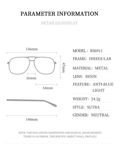 Fashion Metal Eyeglasses Frames New Double-Beam Eyeglasses Frames Anti-Blue Light Eyeglasses Customizable Prescription