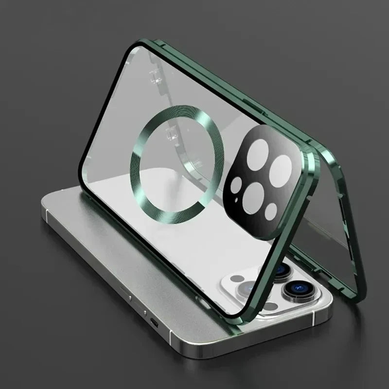 Metal Magnetic Case For Magsafe iPhone 17 Pro Max 16 15 14 13 12 Pro Max Plus Lens Protection Double Sided Glass Snap Lock Cover