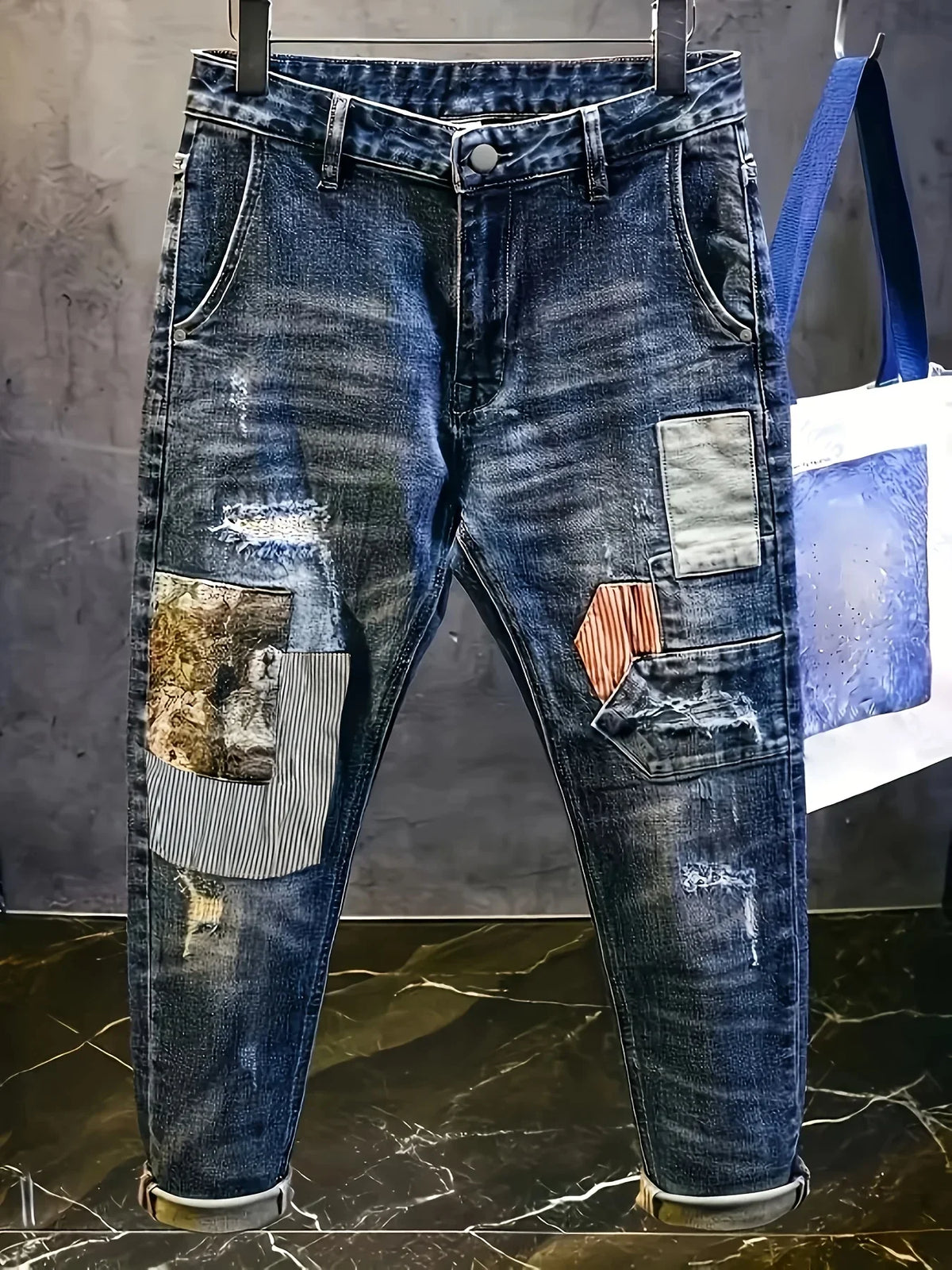 Retro Spliced jeans Men's Trendy Brand Ripped Bear Patch Loose Classic Man Pants Rhinestones Denims Tears Streetwear for Man