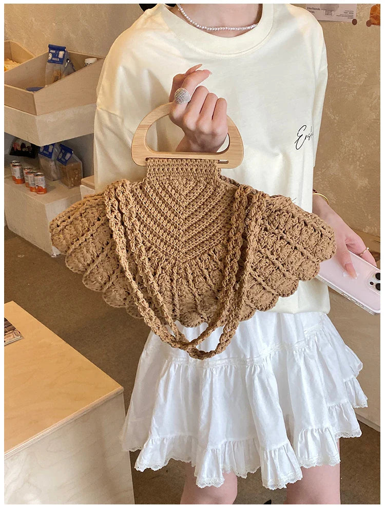 2026 New Retro Fan-shaped Crochet Woven Underarm Bag for Women Ins Style Seaside Vacation Versatile Wooden Handle Shoulder Bag