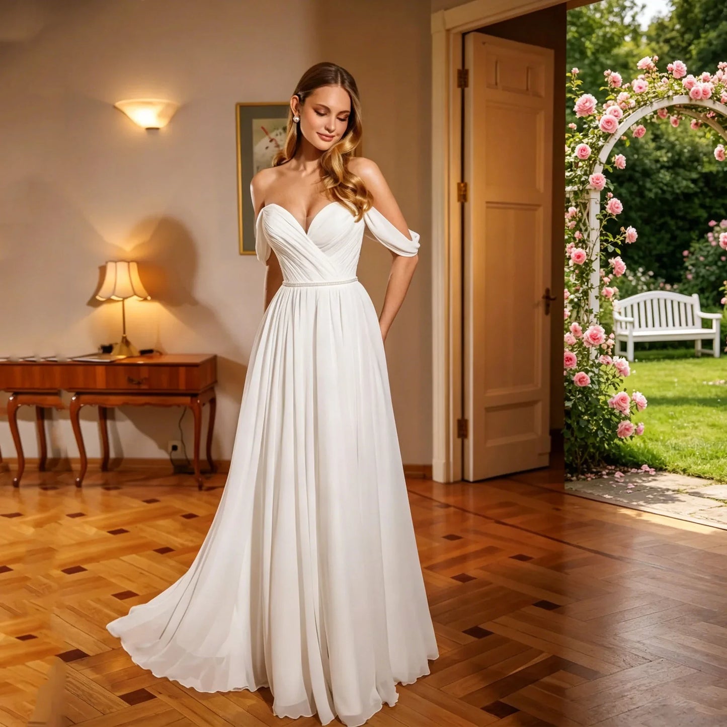 Chiffon Classic Wedding Dresses Off Shoulder Sweetheart A-Line Bridal Gown with Rhinestone Belt vestidos de novia Customized