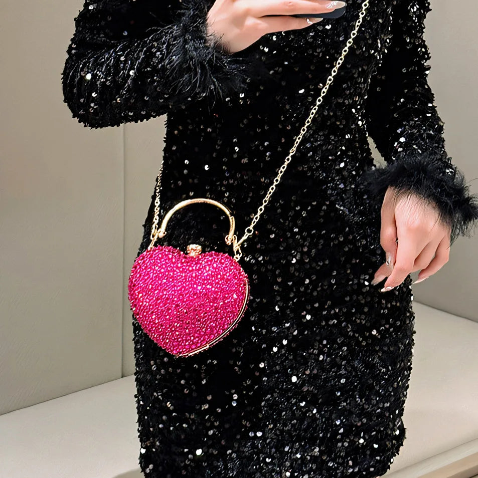 Designer Luxury Diamond Heart-shaped Bag Red Rhinestone Evening Clutch Purse Female Wedding Handbag Woman Chain Shoulder Bags