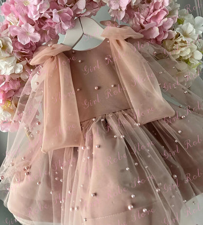 Customized Dusty Pink Flower Girl Dress Full Sleeves Tulle Pearls Puffy With Bow Toddler Birthday Party Banquet Photo Shoot Gown