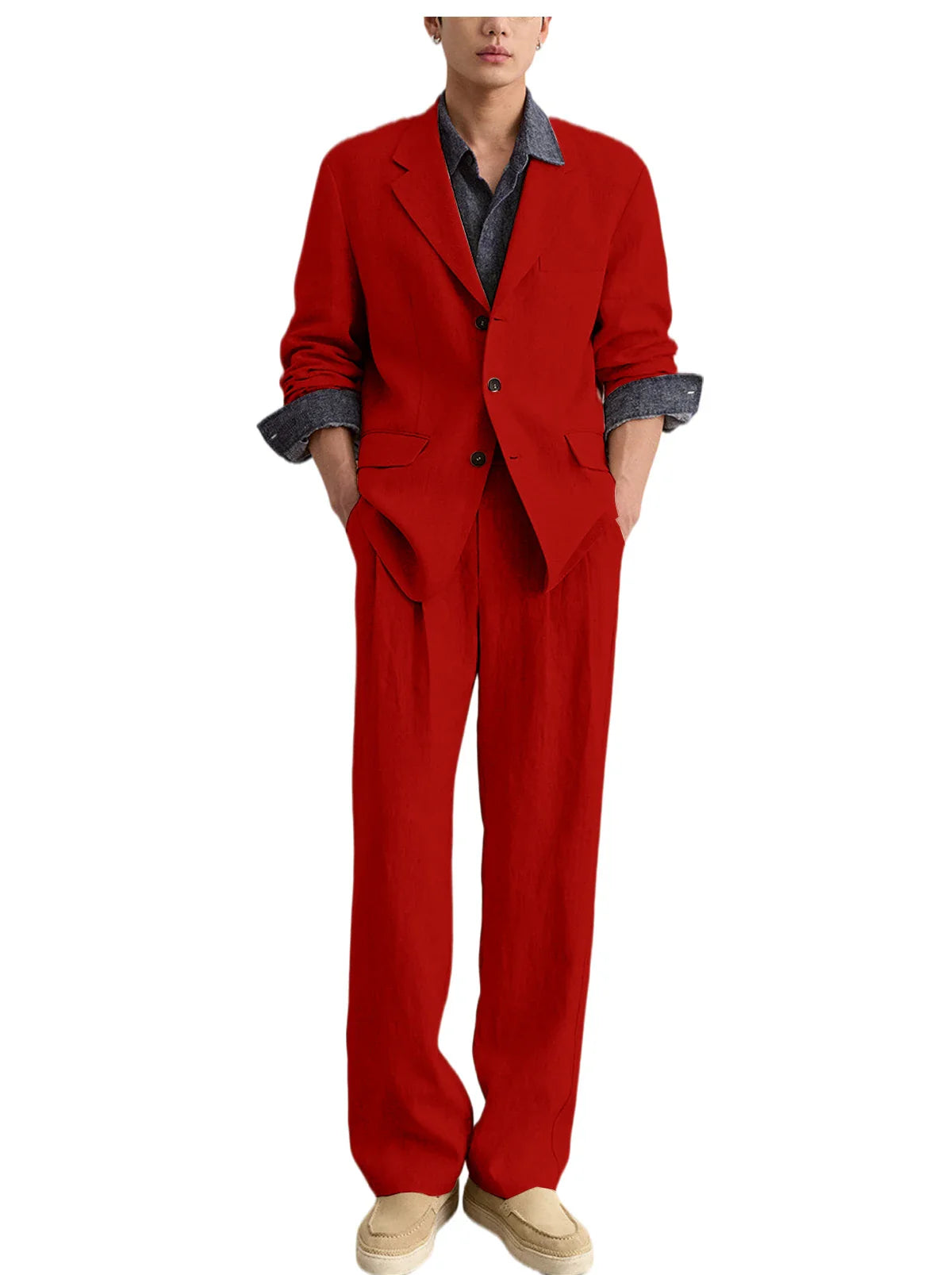 Men's Linen 2 Piece Set Notched Lapel Loose Fit Blazer Wide Leg Trousers Lightweight Breathable Spring Business Casual DailyWear