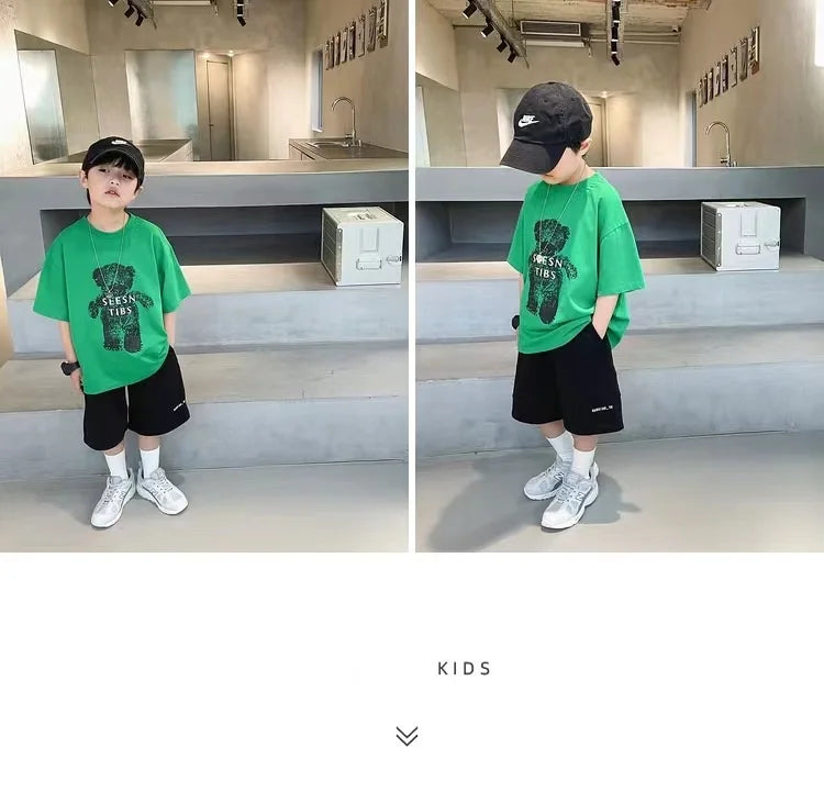 Summer Boys Cotton Cartoon Alphabet Short-Sleeved t-Shirt Tops+Short Pant Set School Kids Tracksuit Children 2PCS Outfit 3-16Yrs