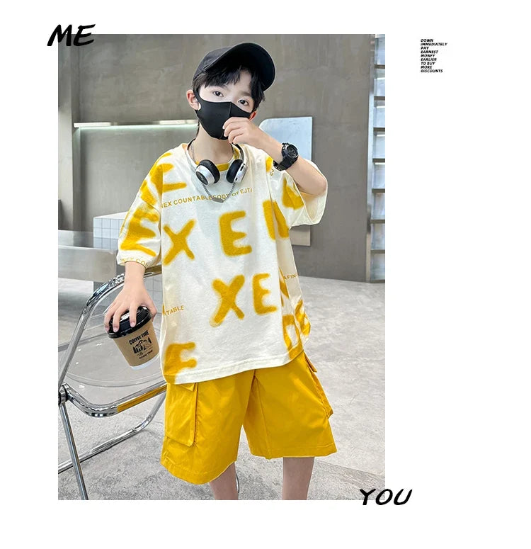 New Fashion Tween Boys Summer Sets Clothing Kids Cotton T-shirt Shorts 2 Pieces Tracksuit Age 5 6 7 8 9 10 11 12 13 14 Years Old