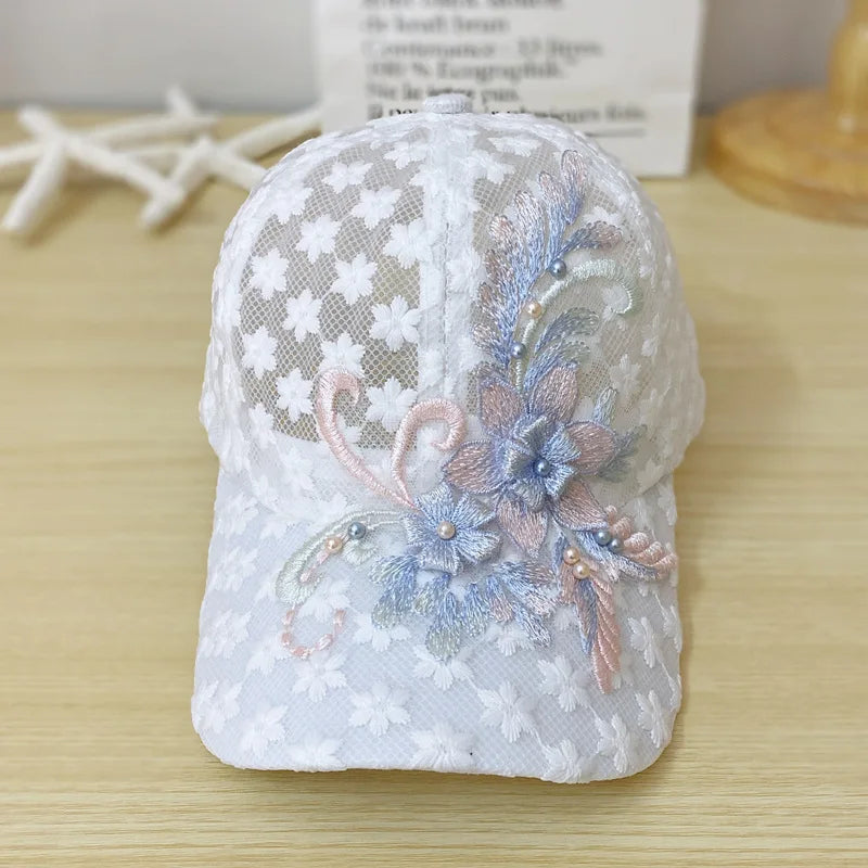 Summer Baseball Cap for Women Embroidered Flowers Mesh Breathable Duck Tongue Hat Sunscreen Sunshade Hat Rebound Cap