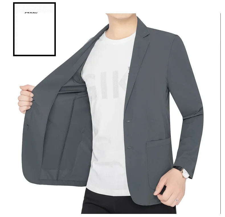 Brand Summer Men Blazers Gray Solid Color Thin Anti Wrinkle Quick Drying Soft Business Suit Blazer Jacket for Man