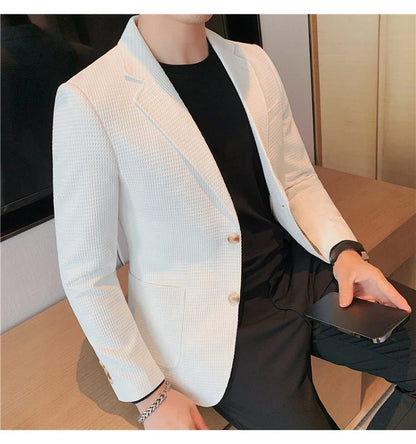 Plus Size 4XL-M Autumn New Waffle Suit Jacket Men Two Buttons Slim Fit Business Casual Blazers Homme Formal Groom Prom Tuxedo