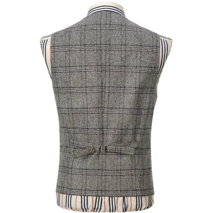 Men Vest Gray Checkered Single Button V Neck Waistcoat For Wedding Party Prom Business Work Office Daily Casual Men Suit Vest