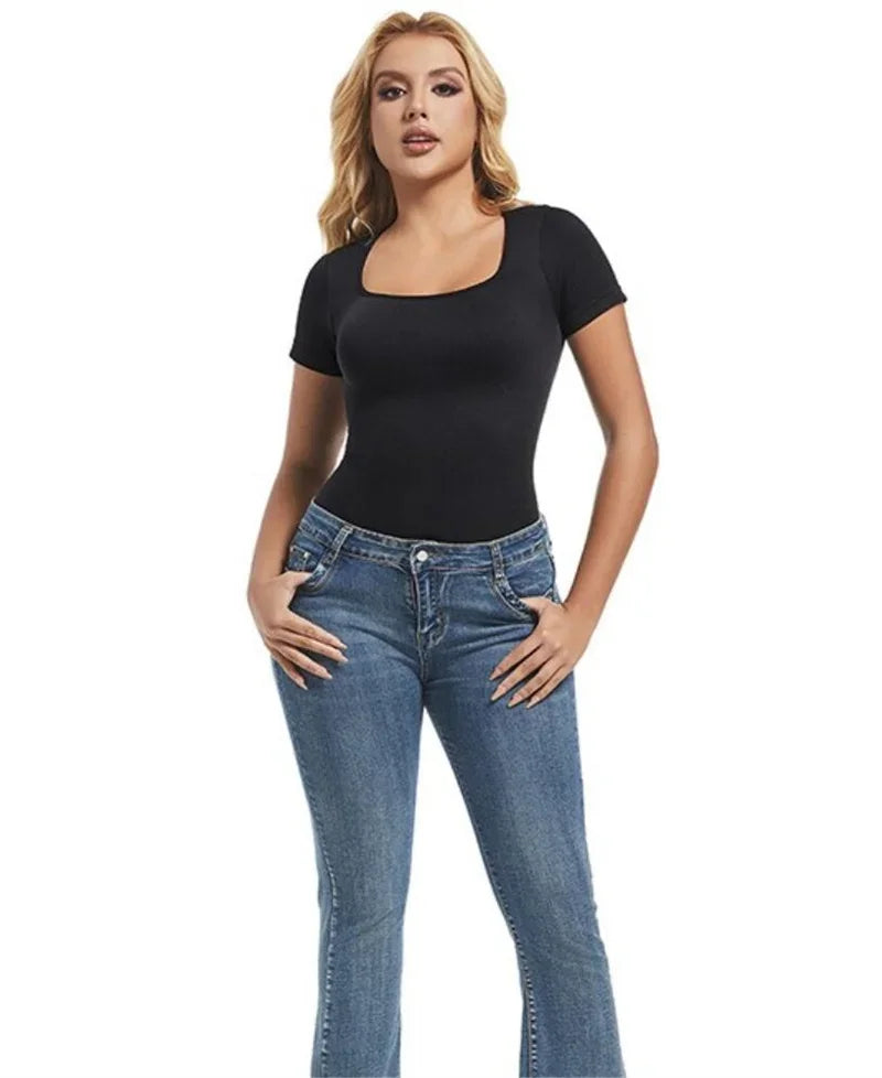 Bodysuits Sexy Ribbed One Piece Square Neck Short Sleeve Bodysuits Tummy Control Open Crotch Bodysuit Shapewear Suit
