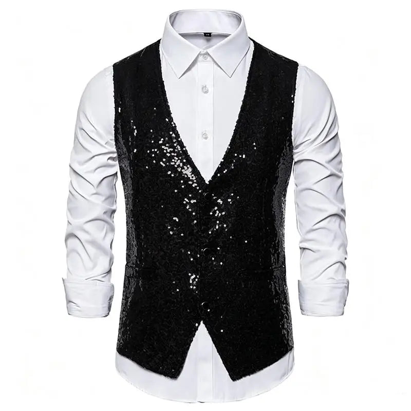 Shiny Sequin Men's V Neck Vest Single Breasted Suit Gilet Waistcoat for Wedding Prom Party Club Nightclub DJ Stage Performance