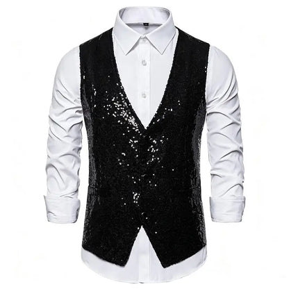 Shiny Sequin Men's V Neck Vest Single Breasted Suit Gilet Waistcoat for Wedding Prom Party Club Nightclub DJ Stage Performance