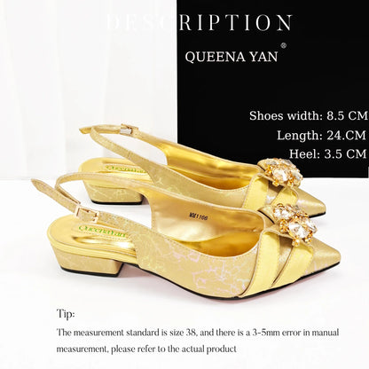 2025 New Summer Collection Stylish Italian Women’s Shoes and Bag Set Gold Colour Comfortable Low Heels With Rhinestone