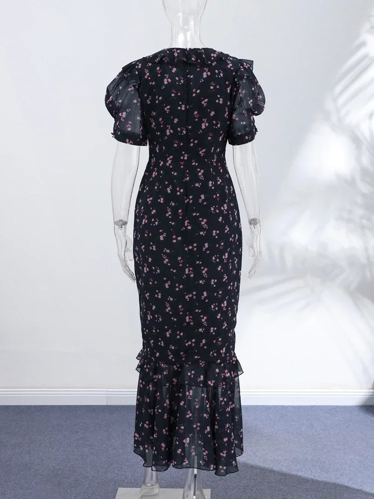 Floral Print Women's Summer Ruffle Dress Sexy V-neck Short Puff Short Sleeve Beach Slim Female Dress 2026 Holidays Lady Robe