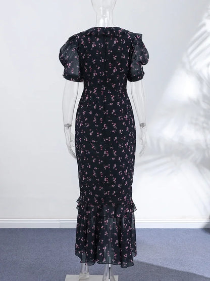 Floral Print Women's Summer Ruffle Dress Sexy V-neck Short Puff Short Sleeve Beach Slim Female Dress 2026 Holidays Lady Robe