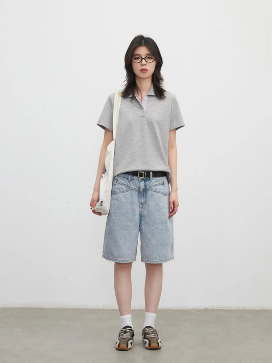 Fashion Women Shorts Mid-length Blue New Dividing Line Design Retro Washed Cotton Straight Leg Short Jeans Summer 2026