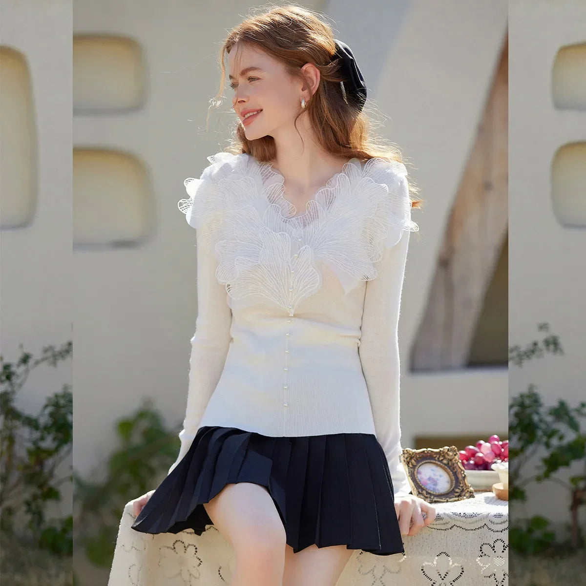 Fashionable Novel Patchwork Top 2025 Spring Elegant Floral V-Neck Decorative Pullover Long-Sleeve Women's Knitwear